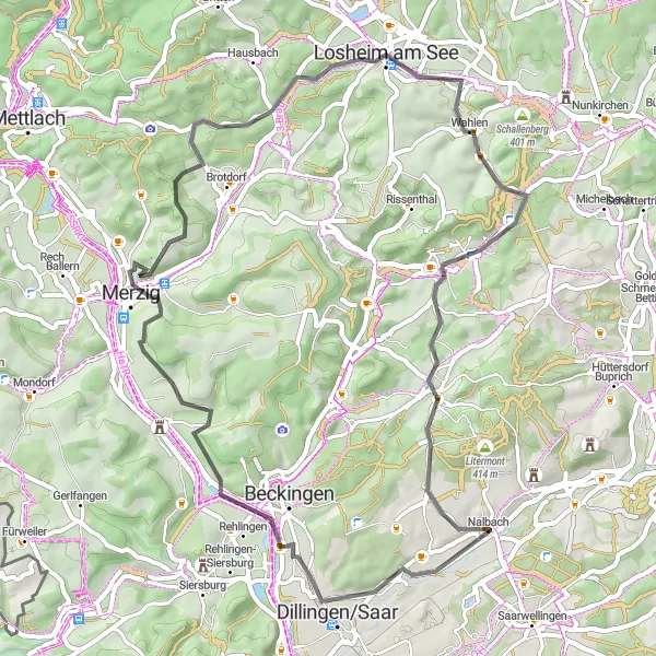 Karten-Miniaturansicht der Radinspiration "Erkundung von Nalbach und Umgebung" in Saarland, Germany. Erstellt vom Tarmacs.app-Routenplaner für Radtouren