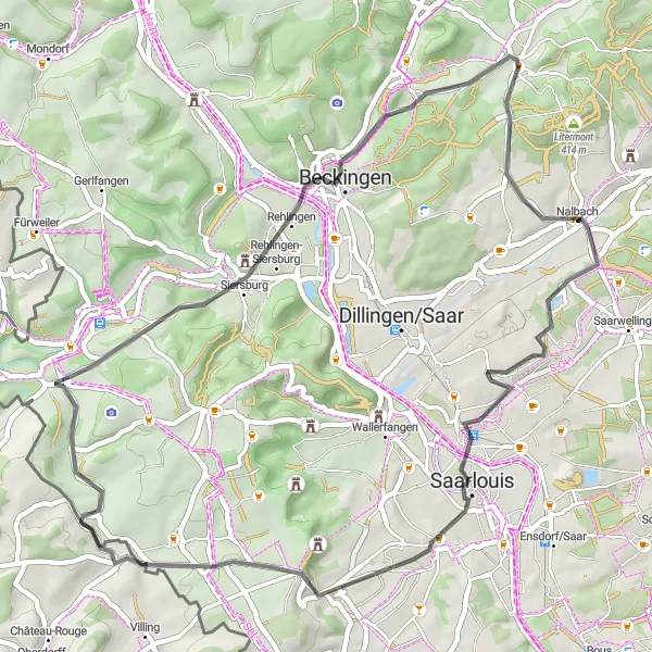Karten-Miniaturansicht der Radinspiration "Kulturelle Road-Tour durch die Umgebung von Nalbach" in Saarland, Germany. Erstellt vom Tarmacs.app-Routenplaner für Radtouren