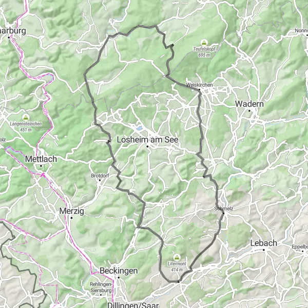 Karten-Miniaturansicht der Radinspiration "Entdeckungsreise durch Merzig" in Saarland, Germany. Erstellt vom Tarmacs.app-Routenplaner für Radtouren