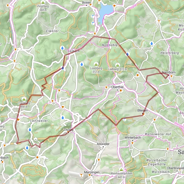 Map miniature of "Hidden Gems Gravel Route" cycling inspiration in Saarland, Germany. Generated by Tarmacs.app cycling route planner