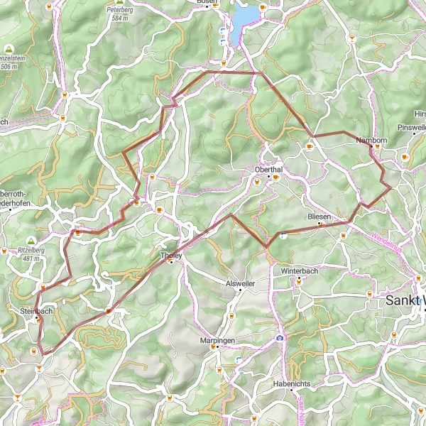 Map miniature of "The Gravel Discovery" cycling inspiration in Saarland, Germany. Generated by Tarmacs.app cycling route planner