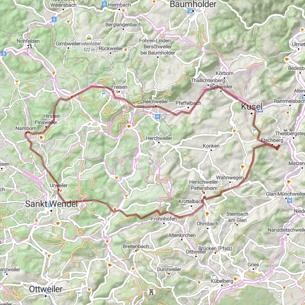 Karten-Miniaturansicht der Radinspiration "Gravel-Tour durch Freisen und Bosenberg" in Saarland, Germany. Erstellt vom Tarmacs.app-Routenplaner für Radtouren