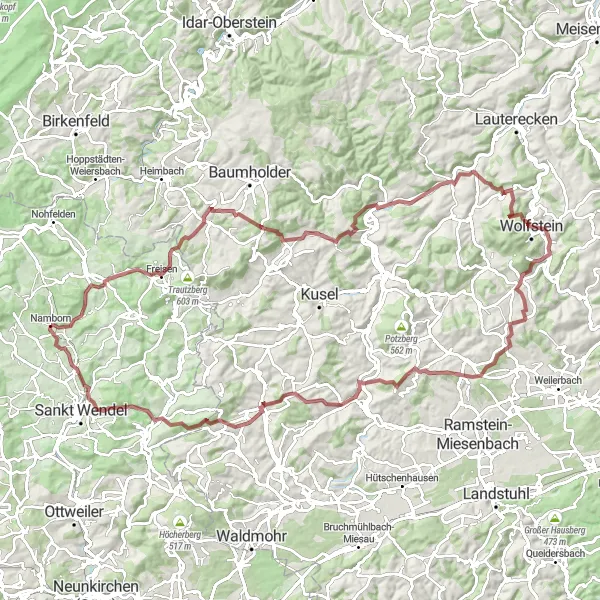 Karten-Miniaturansicht der Radinspiration "Abenteuer durch den Saar-Hunsrück" in Saarland, Germany. Erstellt vom Tarmacs.app-Routenplaner für Radtouren