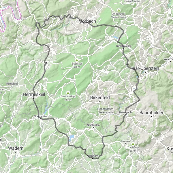 Karten-Miniaturansicht der Radinspiration "Rundfahrt von Namborn nach Homerskopf und Hermeskeil" in Saarland, Germany. Erstellt vom Tarmacs.app-Routenplaner für Radtouren