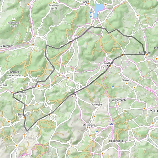 Karten-Miniaturansicht der Radinspiration "Tour durch Namborn und Trausberg" in Saarland, Germany. Erstellt vom Tarmacs.app-Routenplaner für Radtouren