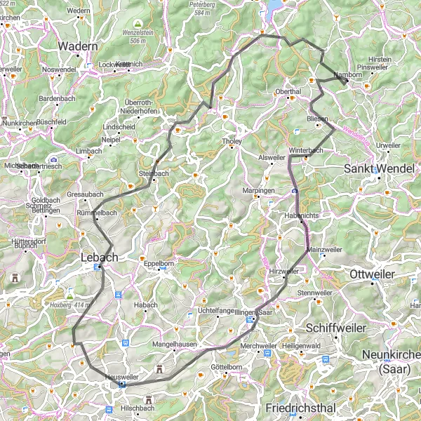 Karten-Miniaturansicht der Radinspiration "Road-Tour durch die malerische Umgebung von Namborn" in Saarland, Germany. Erstellt vom Tarmacs.app-Routenplaner für Radtouren