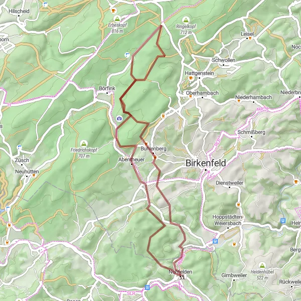 Map miniature of "The Nohfelden Gravel Adventure" cycling inspiration in Saarland, Germany. Generated by Tarmacs.app cycling route planner