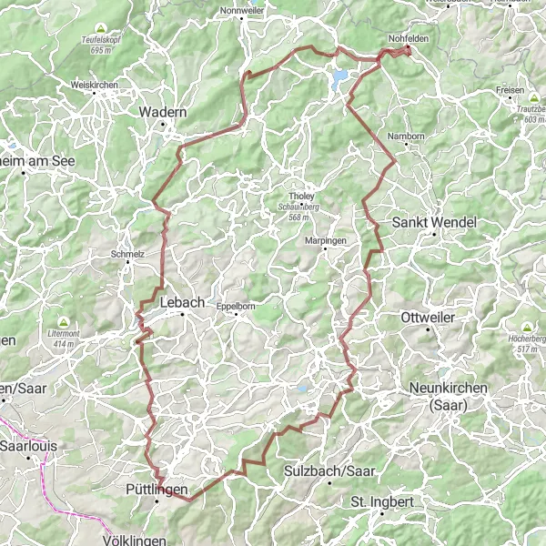 Map miniature of "The Hills and Castles of Saarland" cycling inspiration in Saarland, Germany. Generated by Tarmacs.app cycling route planner