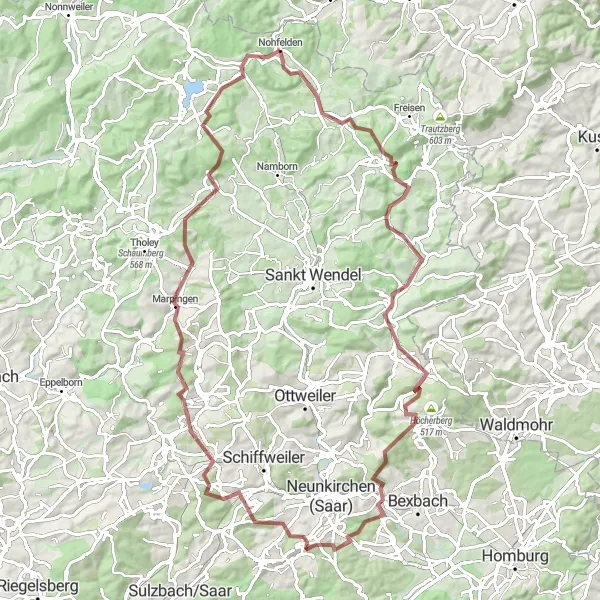 Karten-Miniaturansicht der Radinspiration "Große Gravel-Rundtour um Nohfelden" in Saarland, Germany. Erstellt vom Tarmacs.app-Routenplaner für Radtouren