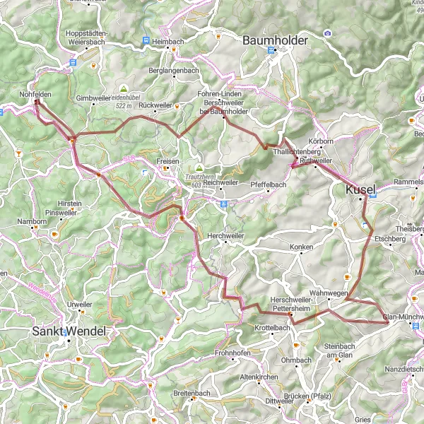 Karten-Miniaturansicht der Radinspiration "Abenteuerliche Gravel-Tour um Nohfelden" in Saarland, Germany. Erstellt vom Tarmacs.app-Routenplaner für Radtouren