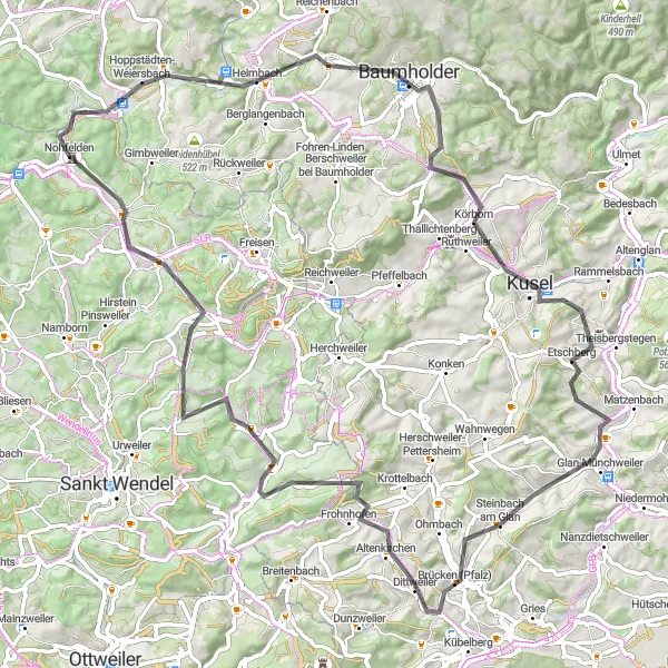 Karten-Miniaturansicht der Radinspiration "Spannende Road-Tour durch die Region" in Saarland, Germany. Erstellt vom Tarmacs.app-Routenplaner für Radtouren