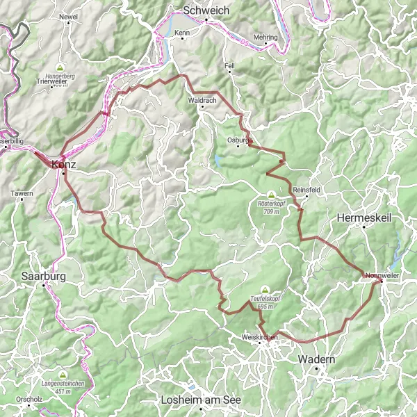 Map miniature of "The Gravel Adventure" cycling inspiration in Saarland, Germany. Generated by Tarmacs.app cycling route planner