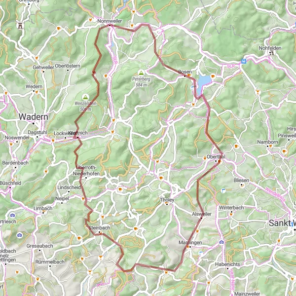 Map miniature of "The Gravel Route to Nonnweiler" cycling inspiration in Saarland, Germany. Generated by Tarmacs.app cycling route planner