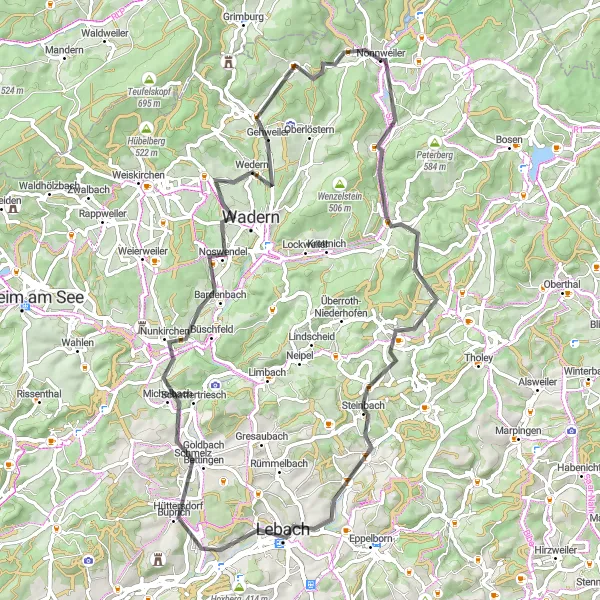 Map miniature of "Scenic Ride Near Nonnweiler" cycling inspiration in Saarland, Germany. Generated by Tarmacs.app cycling route planner