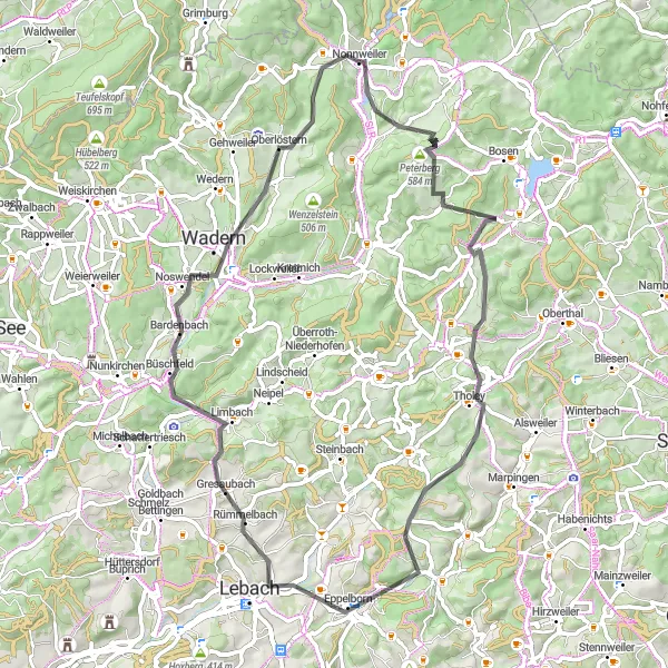 Karten-Miniaturansicht der Radinspiration "Tour durch die Naturwunder von Bandelskopf" in Saarland, Germany. Erstellt vom Tarmacs.app-Routenplaner für Radtouren