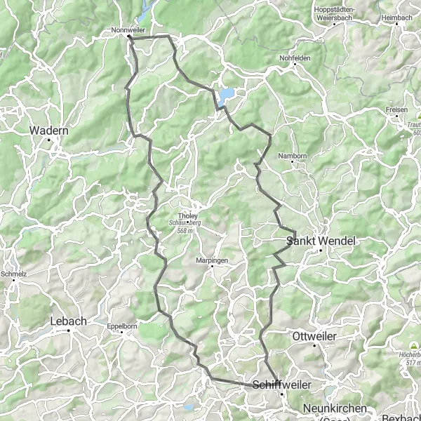 Map miniature of "Epic Road Journey to Nonnweiler" cycling inspiration in Saarland, Germany. Generated by Tarmacs.app cycling route planner