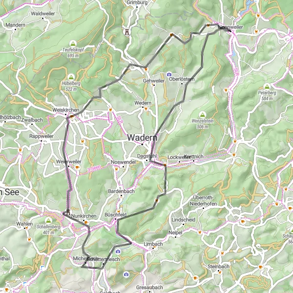 Karten-Miniaturansicht der Radinspiration "Höhen und Burgen Tour" in Saarland, Germany. Erstellt vom Tarmacs.app-Routenplaner für Radtouren