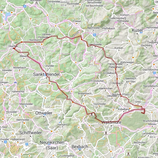 Karten-Miniaturansicht der Radinspiration "Hügel und Aussichtstürme Rundfahrt" in Saarland, Germany. Erstellt vom Tarmacs.app-Routenplaner für Radtouren