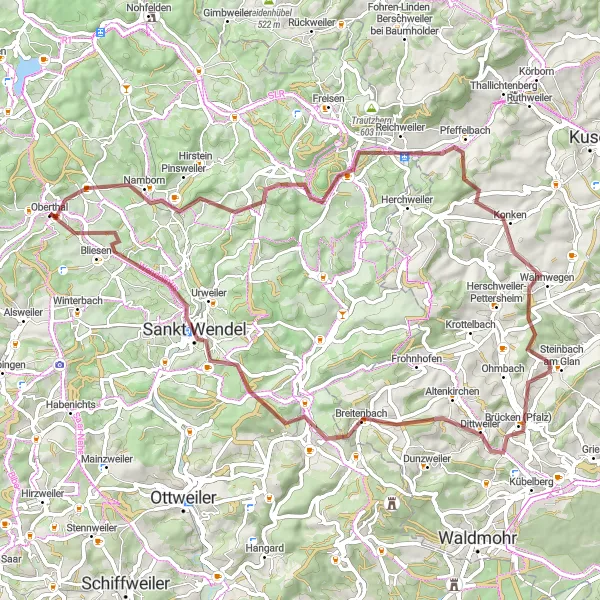 Map miniature of "Traversing Gravel Trails" cycling inspiration in Saarland, Germany. Generated by Tarmacs.app cycling route planner