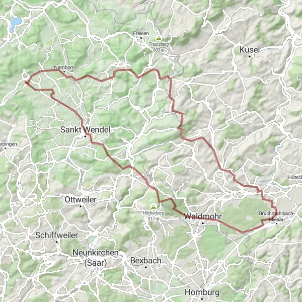 Karten-Miniaturansicht der Radinspiration "Felsen und Wälder Rundfahrt" in Saarland, Germany. Erstellt vom Tarmacs.app-Routenplaner für Radtouren