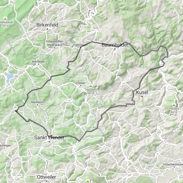 Map miniature of "The Hillside Adventure" cycling inspiration in Saarland, Germany. Generated by Tarmacs.app cycling route planner
