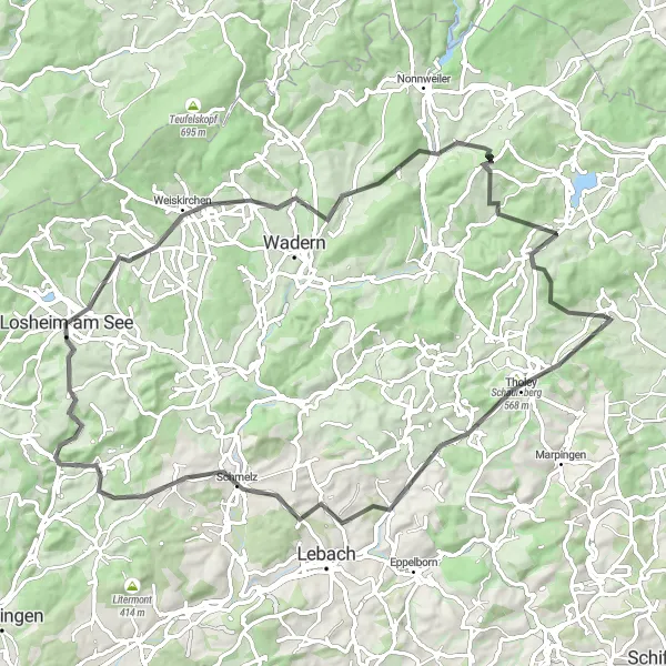 Map miniature of "The Serene Escape" cycling inspiration in Saarland, Germany. Generated by Tarmacs.app cycling route planner