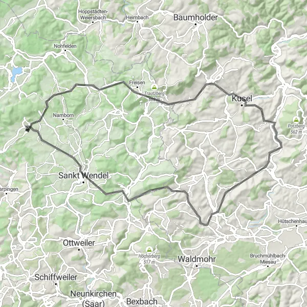 Map miniature of "The Countryside Delight" cycling inspiration in Saarland, Germany. Generated by Tarmacs.app cycling route planner