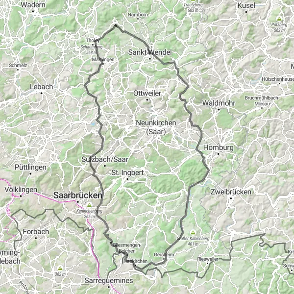 Map miniature of "The Road Explorer" cycling inspiration in Saarland, Germany. Generated by Tarmacs.app cycling route planner