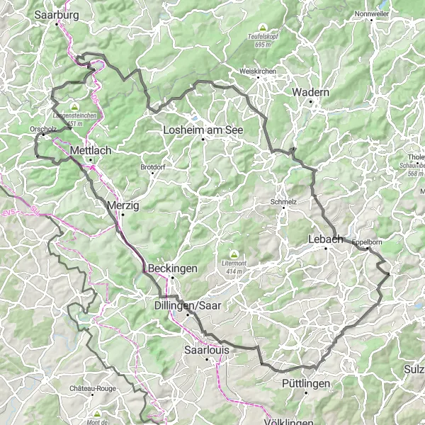 Map miniature of "Taben-Rodt Loop Challenge" cycling inspiration in Saarland, Germany. Generated by Tarmacs.app cycling route planner