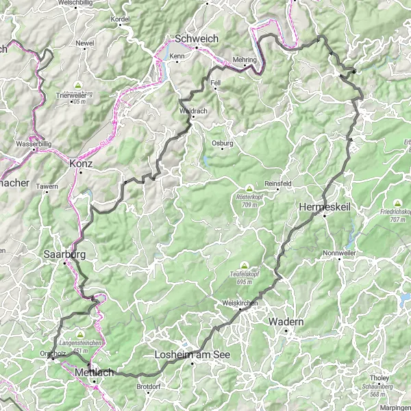 Map miniature of "Serrig Hills and Riol Valley Road Adventure" cycling inspiration in Saarland, Germany. Generated by Tarmacs.app cycling route planner