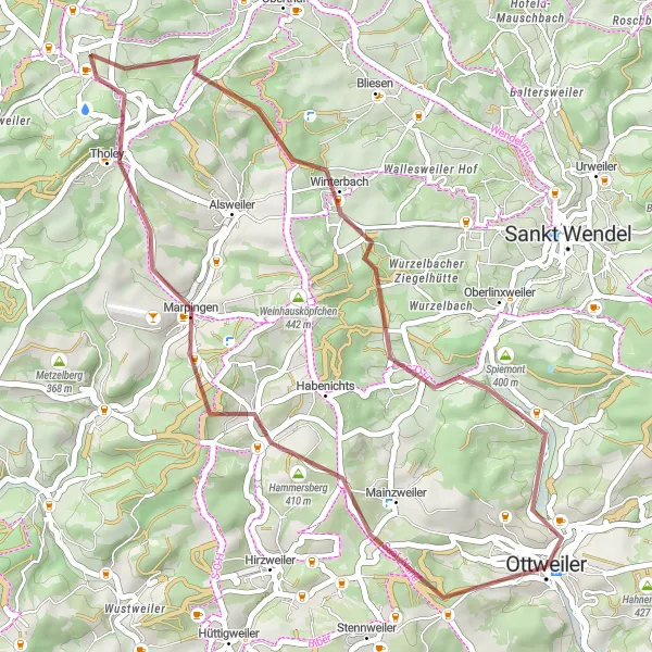 Karten-Miniaturansicht der Radinspiration "Gravelabenteuer durch Marpingen" in Saarland, Germany. Erstellt vom Tarmacs.app-Routenplaner für Radtouren