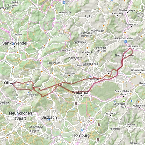 Map miniature of "Challenging Gravel Expedition" cycling inspiration in Saarland, Germany. Generated by Tarmacs.app cycling route planner