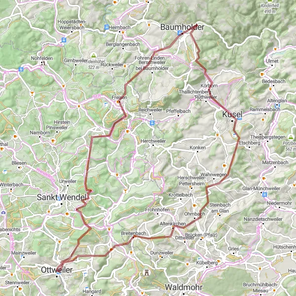 Map miniature of "Bosenberg and Reckelberg Gravel Adventure" cycling inspiration in Saarland, Germany. Generated by Tarmacs.app cycling route planner