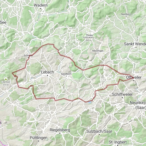 Karten-Miniaturansicht der Radinspiration "Rundtour um Ottweiler über Hirschenhübel und Dirmingen" in Saarland, Germany. Erstellt vom Tarmacs.app-Routenplaner für Radtouren