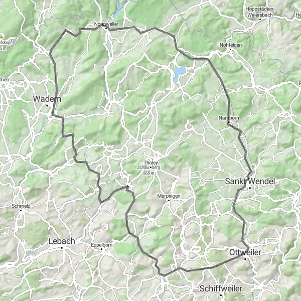 Karten-Miniaturansicht der Radinspiration "Road-Tour durch die malerische Landschaft von Ottweiler" in Saarland, Germany. Erstellt vom Tarmacs.app-Routenplaner für Radtouren