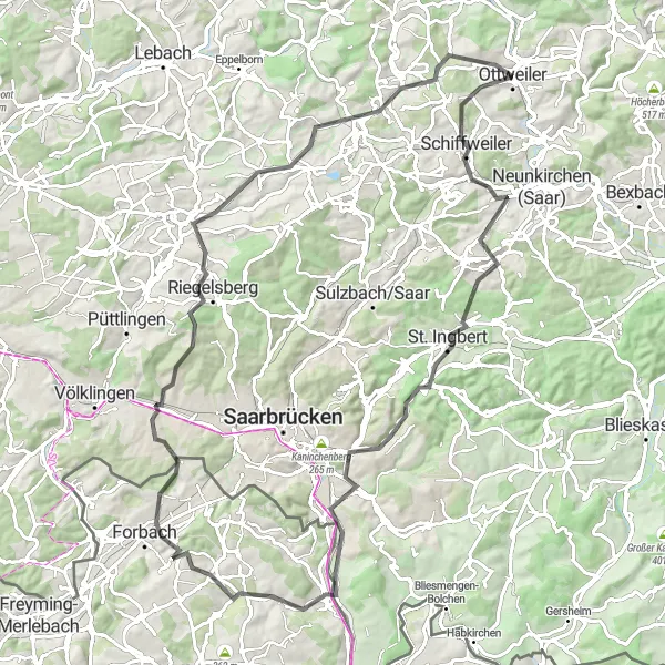 Map miniature of "Mountains and Towers Road Cycling Adventure" cycling inspiration in Saarland, Germany. Generated by Tarmacs.app cycling route planner
