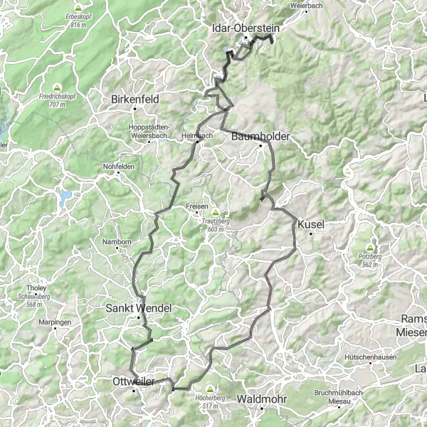 Map miniature of "The Ardennes Loop" cycling inspiration in Saarland, Germany. Generated by Tarmacs.app cycling route planner