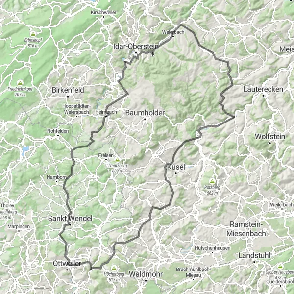 Karten-Miniaturansicht der Radinspiration "Abenteuerliche Rundtour um Ottweiler" in Saarland, Germany. Erstellt vom Tarmacs.app-Routenplaner für Radtouren