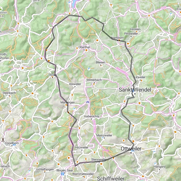 Karten-Miniaturansicht der Radinspiration "Rund um Ottweiler - Sankt Wendel Tour" in Saarland, Germany. Erstellt vom Tarmacs.app-Routenplaner für Radtouren