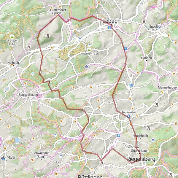 Map miniature of "Around Riegelsbserg: Gravel Route" cycling inspiration in Saarland, Germany. Generated by Tarmacs.app cycling route planner