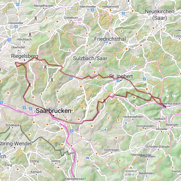 Karten-Miniaturansicht der Radinspiration "Abenteuer im Saarland: Gravel-Tour rund um Riegelsberg" in Saarland, Germany. Erstellt vom Tarmacs.app-Routenplaner für Radtouren