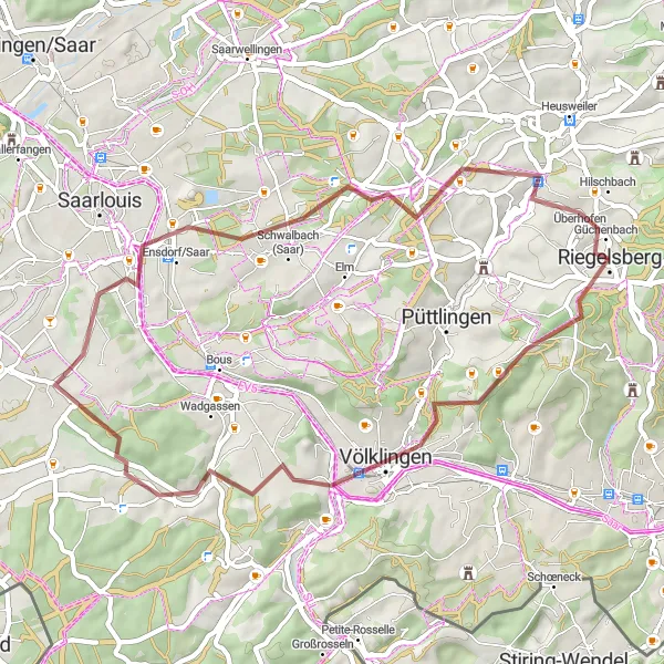 Karten-Miniaturansicht der Radinspiration "Abenteuerliche Schotterwege" in Saarland, Germany. Erstellt vom Tarmacs.app-Routenplaner für Radtouren