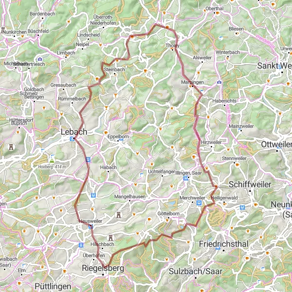 Map miniature of "The Thrill of Gravel Cycli ng" cycling inspiration in Saarland, Germany. Generated by Tarmacs.app cycling route planner