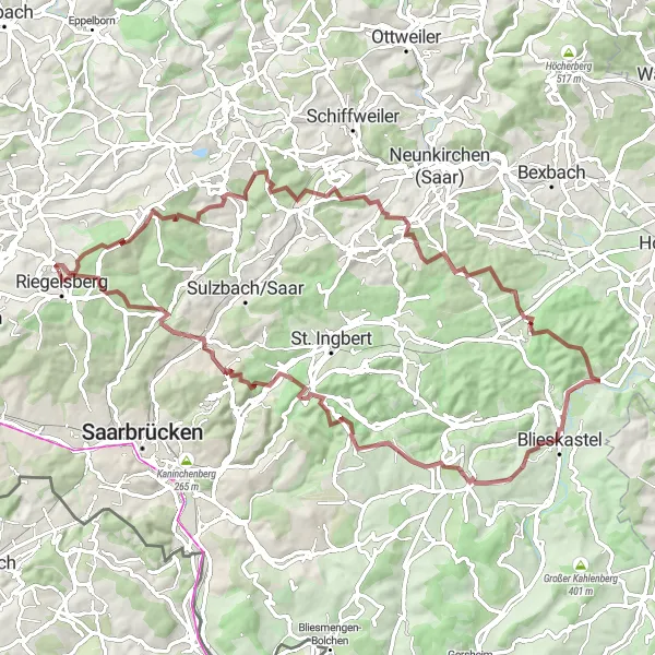 Map miniature of "Around Riegelsberg and Beyond" cycling inspiration in Saarland, Germany. Generated by Tarmacs.app cycling route planner