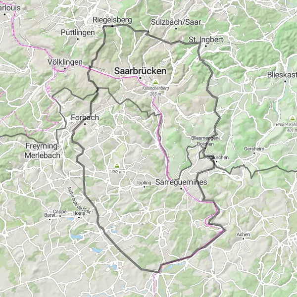 Karten-Miniaturansicht der Radinspiration "Hügeliges Saarland: Rundtour ab Riegelsberg" in Saarland, Germany. Erstellt vom Tarmacs.app-Routenplaner für Radtouren