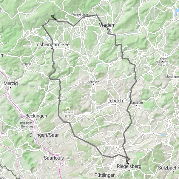 Karten-Miniaturansicht der Radinspiration "Rund um Riegelsberg" in Saarland, Germany. Erstellt vom Tarmacs.app-Routenplaner für Radtouren