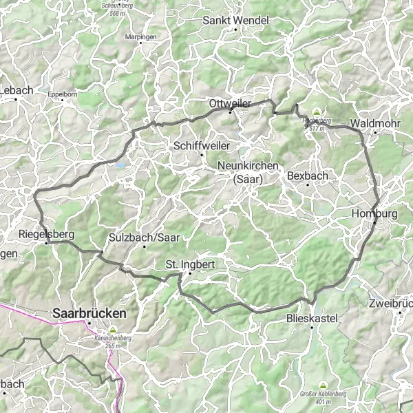 Karten-Miniaturansicht der Radinspiration "Rund um den Höcherberg" in Saarland, Germany. Erstellt vom Tarmacs.app-Routenplaner für Radtouren