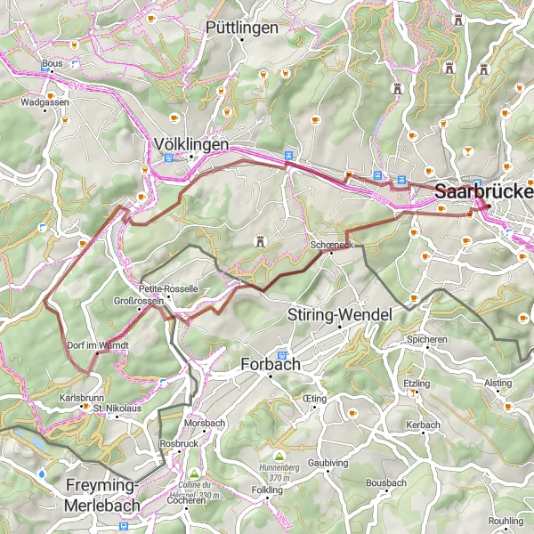 Map miniature of "Warndt Village Gravel Ride" cycling inspiration in Saarland, Germany. Generated by Tarmacs.app cycling route planner