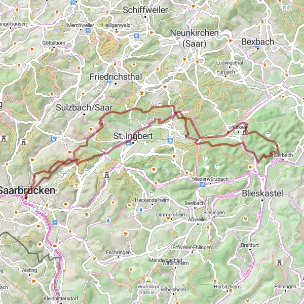 Map miniature of "Saarbrücken Gravel Adventure" cycling inspiration in Saarland, Germany. Generated by Tarmacs.app cycling route planner