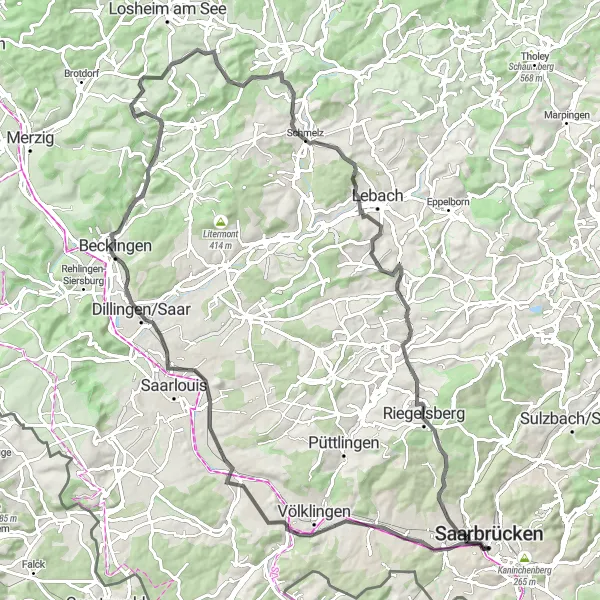 Map miniature of "Saarbrücken Loop" cycling inspiration in Saarland, Germany. Generated by Tarmacs.app cycling route planner